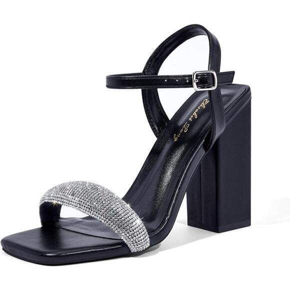 Elisabet Tang Shoes - Elisabet Tang Rhinestone Ankle Strap Black Block Heels Square Sandal Shoe SZ 11
